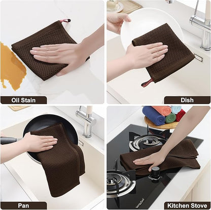 Homaxy 100% Cotton Kitchen Towels and Dishcloths Set, 12 x 12 Inches and 13 x 28 Inches, Set of 10 Bulk Kitchen Towels Set, Ultra Soft Absorbent Dish Cloths for Washing Dishes, Dark Brown