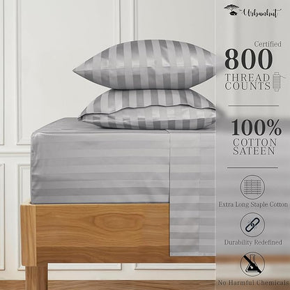 URBANHUT 800 Thread Count Egyptian Cotton Damask Striped King Size Sheets Set (4 Pc) - Ultra Soft & Smooth, Sateen Weave King Sheet, Luxury Hotel Sheets with 16" Deep Pocket - Silver Grey