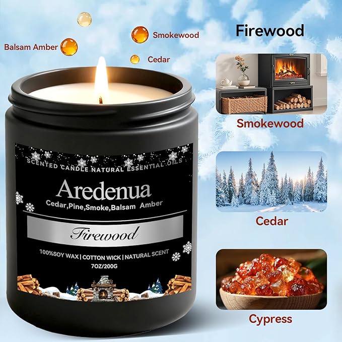 Firewood Candle – Winter Candles | Holiday Scented Candles, 7oz Jar Soy Candle for Home Scented - 50H Burn - Smoky Fireplace Cozy & Warm Scent, Christmas Gifts for Women & Men, Rustic Holiday Décor
