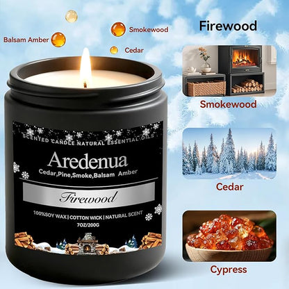Firewood Candle – Winter Candles | Holiday Scented Candles, 7oz Jar Soy Candle for Home Scented - 50H Burn - Smoky Fireplace Cozy & Warm Scent, Christmas Gifts for Women & Men, Rustic Holiday Décor