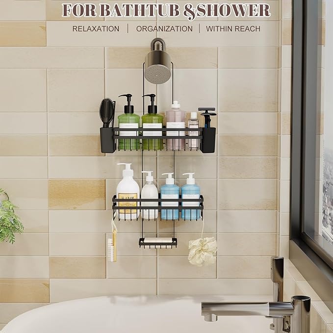 Shower Caddy Hanging for Bathroom Organizers and Storage, Adjustable Anti-Swing Shower Organizer for Wall-Mounted Showerhead with Heavy-Duty Suction Cups, Damage-Free Rustproof (Black)