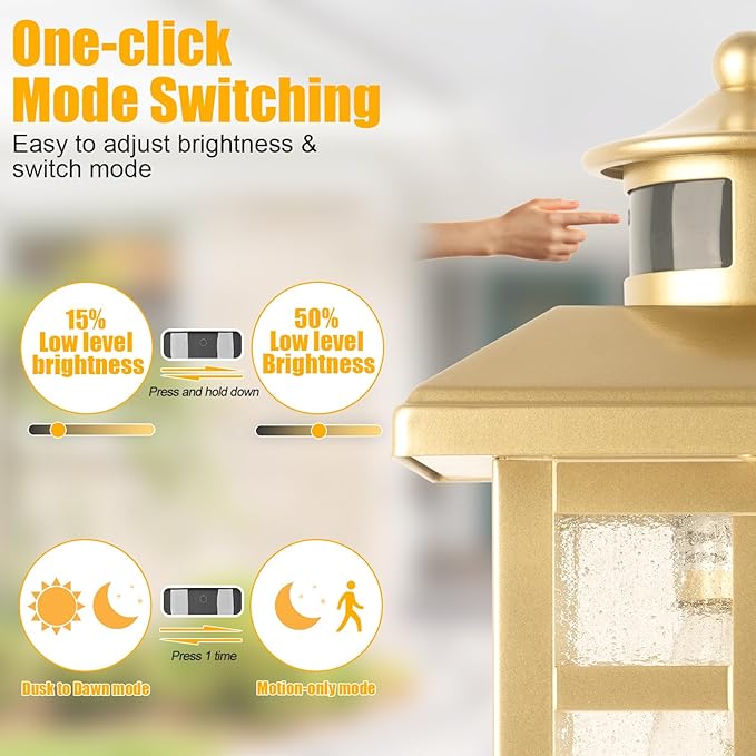 2-Pack Gold Exterior Motion Wall Sconces, Outdoor Waterproof Wall Light Fixtures Wall Mount, Dusk to Dawn Outside Lights for House with E26 Socket, Outside Lighting for Doorway, Garden, Home