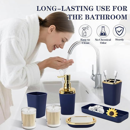 Navy Blue Bathroom Accessories, 24 Pieces Blue and Gold Bathroom Accessories Set with Shower Curtain, Bath Towels, Trash Can, Soap Dispenser and Soap Dish for Bathroom/Housewarming