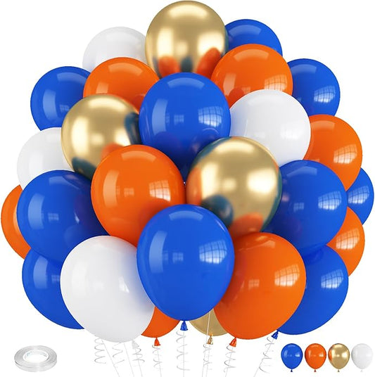 Orange and Blue Balloons, 60 PCS 12 Inch Royal Blue and Orange Gold White Balloons for Kids Boys Cartoon Party Graduation Baby Shower Thanksgiving Autumn Birthday Party Decorations