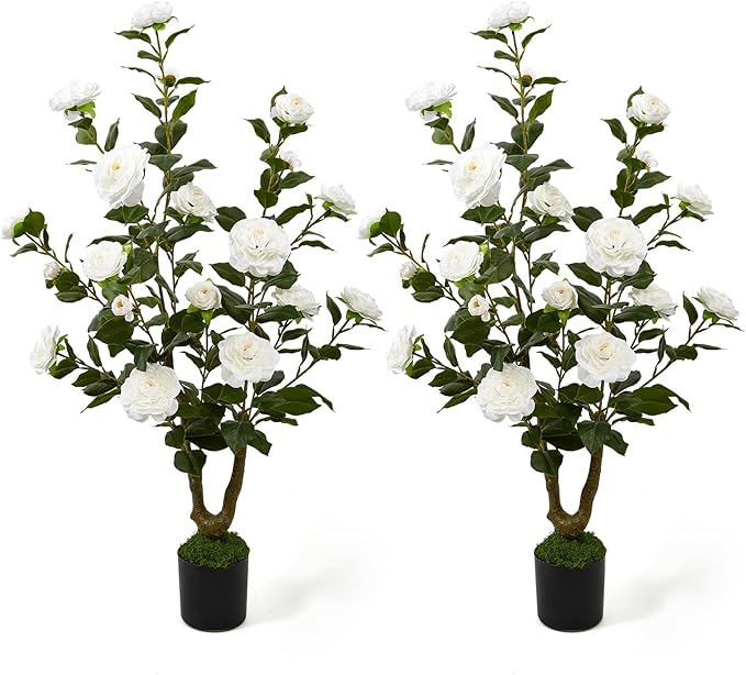 40" Artificial Camellia Tree 2 Pack,Faux Floral Plant Fake Trees with White Blooming Flowers,Artificial Plants Greenery Potted Plant for Outdoor Indoor Home Porch Decor