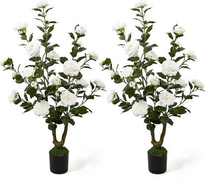 40" Artificial Camellia Tree 2 Pack,Faux Floral Plant Fake Trees with White Blooming Flowers,Artificial Plants Greenery Potted Plant for Outdoor Indoor Home Porch Decor