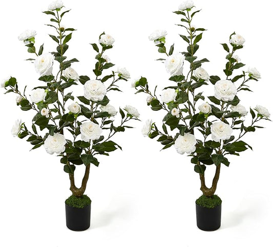 40" Artificial Camellia Tree 2 Pack,Faux Floral Plant Fake Trees with White Blooming Flowers,Artificial Plants Greenery Potted Plant for Outdoor Indoor Home Porch Decor