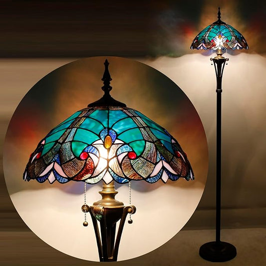 Tiffany Floor Lamp Green Liaison Stained Glass Standing Reading Light 16X16X70 Inches Antique Pole Corner Lamp Decor Bedroom Office Living Room