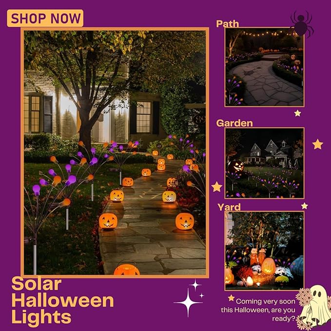 6Pack Total 48 LED Purple and Orange Solar Halloween Lights Outdoor - Solar Firefly Lights Outdoor, Sway by Wind, Waterproof for Garden Patio Pathway Halloween Decorations