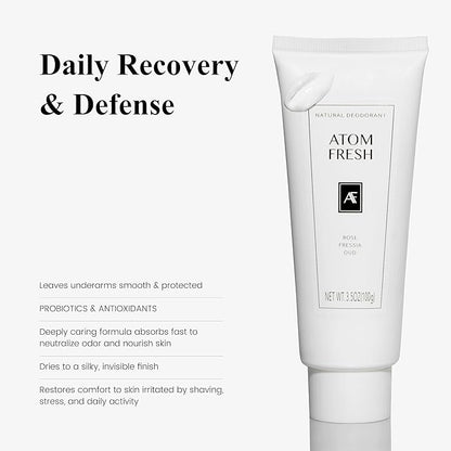 Atom Fresh Deodorant for Women, Natural Deodorantcream with 72-Hour Odor Control, Aluminum Free Deodorant for Sensitive Skin, Baking Soda Free with Amino Acids & Probiotics, Rose Fressia Oud, 3.5 oz