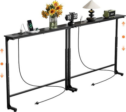 GRLEAF 2 Pack Adjustable Height Narrow Console Table with Power Outlets, 90" Long Sofa Table with Charging Station Behind Couch Table Entryway Table for Living Room and Hallway – Black