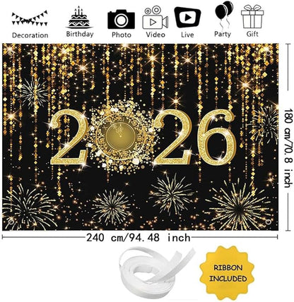 MEHOFOND 8x6ft Black and Gold 2026 New Year Backdrop Cheers to 2026 Photography Background Hello 2026 Dripping Glitter Dots Fireworks Clock Decor Time to 2026 New Year Eve Cake Smash Photo Props