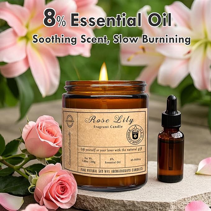 Scented Candles, 7oz Rose Lily Candles for Home Scented, Soy Wax Aromatherapy Candle for Relaxing and Stress Relief, Non Toxic, Slow Burning, Christmas, Birthday, Valentine Gifts for Women Men