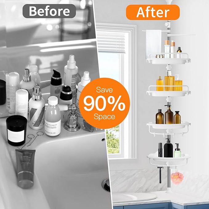 Upgrade Sturdy Shower Caddy Tension Pole Corner Shower Caddy Bathroom Organizer 18/8 Stainless Steel Rustproof 4 Tier Adjustable Shelves for Bathtub Shampoo Accessories Storage Rack 32-122inch