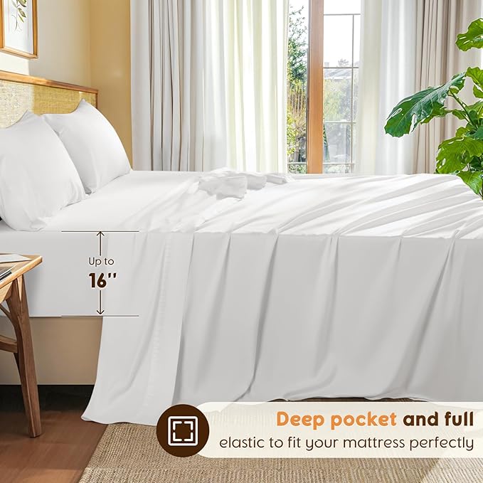 LBRO2M 100% Cotton Sheets Set King Size 600 Thread Count Sheet 4 Piece Sets Bed Sheet Deep Pocket Up to 16" Soft Comfortable All Season (King, White)