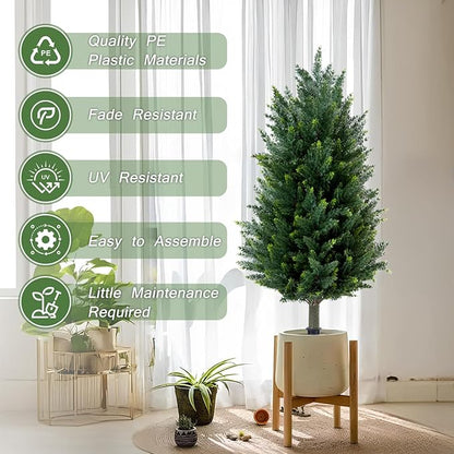 Set of 2 Artificial Cedar Topiary Christmas Trees, 3FT UV-Resistant Faux Cypress Shrubs with Ground Spikes — Tall Evergreen Decorative Plants for Outdoor and Indoor Porch, Patio, and Garden
