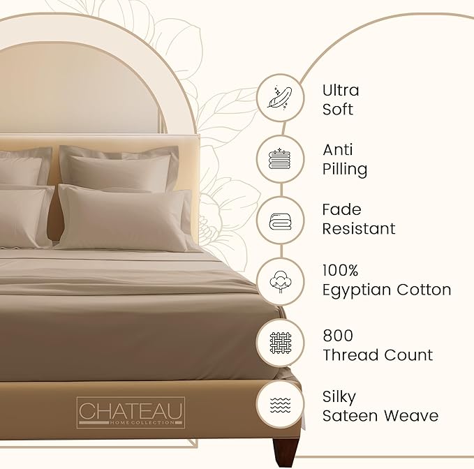 Split King Sheet Set, 100% Cotton Bed Sheets Split King Size Sheets Deep Pocket Set, 800 Thread Count Sateen Weave 4 Piece Luxury Bedding, Soft & Breathable No Pill Fade Resistant – Taupe