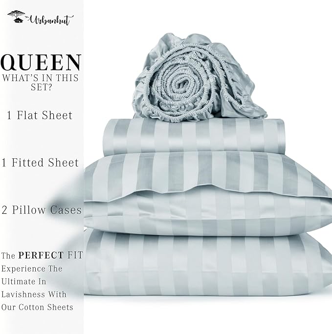 URBANHUT 800 Thread Count Egyptian Cotton Damask Striped Queen Size Sheets Set (4 Pc) - Ultra Soft & Smooth, Sateen Weave Queen Size Sheets, Luxury Hotel Sheets with 16" Deep Pocket - Light Blue