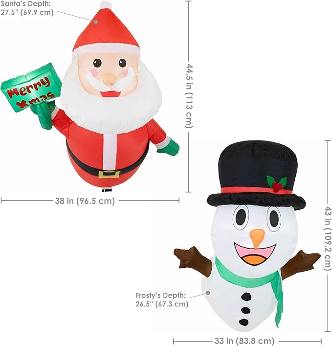 Sunnydaze Santa and Frosty Inflatable Christmas Decoration for Window - Indoor or Outdoor Use - 2 White LED Lights Each