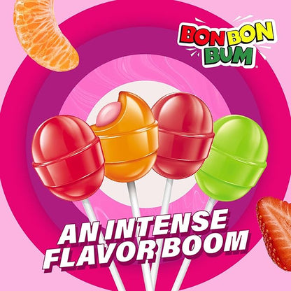 Colombina Bon Bon Bum Lollipops w/Bubble Gum Center, Assorted Flavors, Individually Wrapped, Ideal for Party Favors and Gifts, 1 Pack (24 Count)