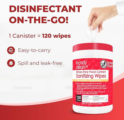 HandyClean Rinse-Free Food Contact Sanitizing Wipes Canister, Multi Surface Cleaning Supplies for Kitchen and Professional Setting One Canister (120 Wipes)
