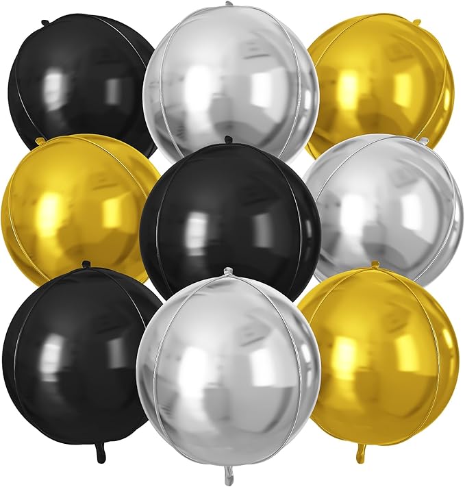 Black Gold Silver Round Foil Balloons 9 pcs,Metallic Giant 4D Round Balloons 22 Inch for Birthday Wedding Baby Shower Graduation Party Decoration