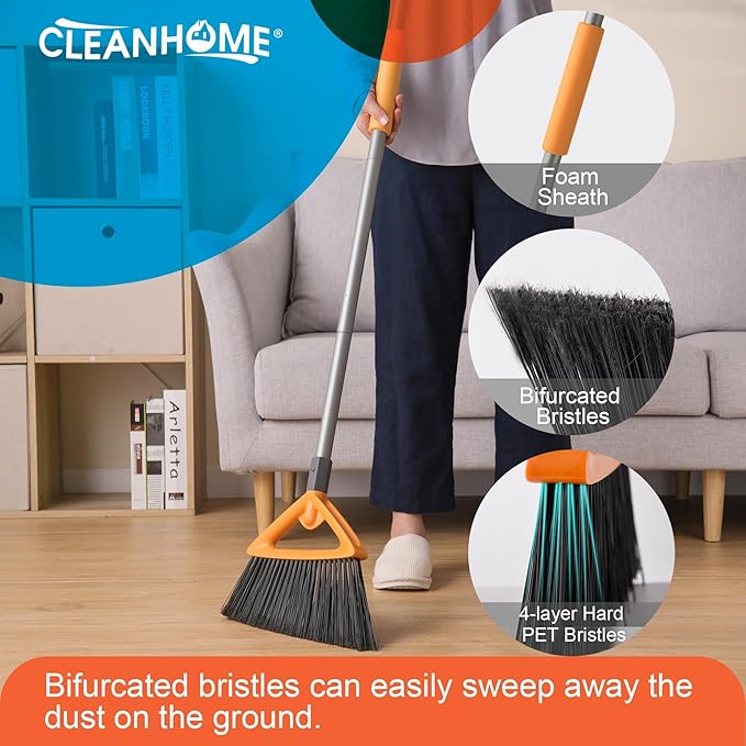 Heavy Duty Broom with Dustpan Combo Set Indoor and Outdoor Dual Purpose,Stiff Bristle Commercial Angle Broom and Standing Dust Pans with Long Handle for Sweeping Home,Kitchen,Yard,Grey