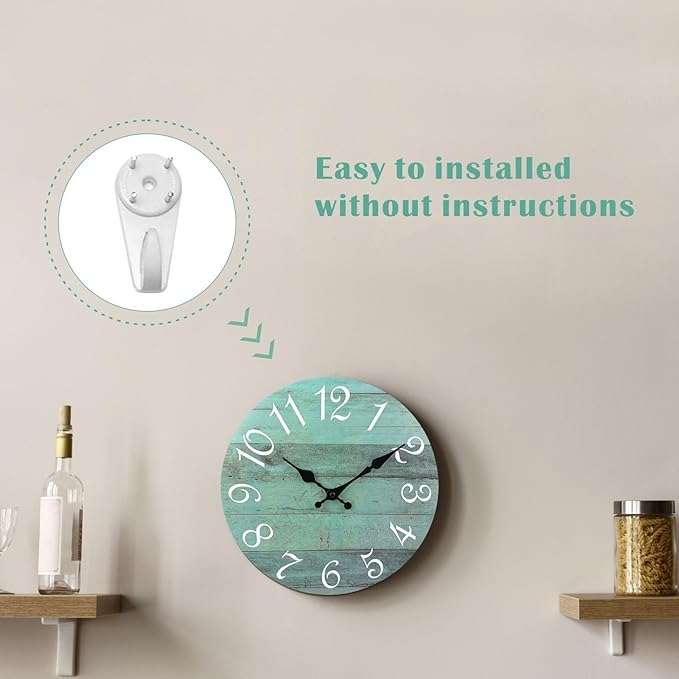 Plumeet Small Wall Clock, 10'' Frameless Wooden Wall Clocks with Silent Quartz Movement, Rustic Coastal Country Village Clocks Decorative for Kitchen Bedroom Living Room, Green