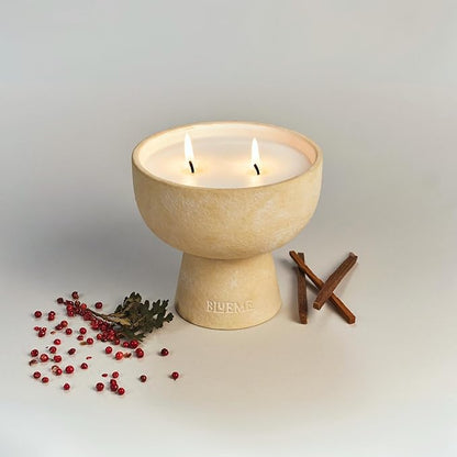 Blueme Romance Candle | Oakmoss & Sandalwood | 2 Wick - Refillable Wellness Candle with Essential Oils, Hand Finished & Poured Soy Wax Blend Ceramic Vessel, Natural Cotton Wicks | Medium 12 oz