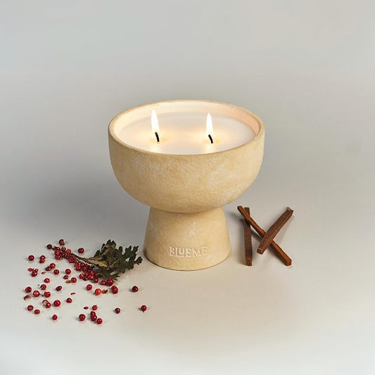 Blueme Romance Candle | Oakmoss & Sandalwood | 2 Wick - Refillable Wellness Candle with Essential Oils, Hand Finished & Poured Soy Wax Blend Ceramic Vessel, Natural Cotton Wicks | Medium 12 oz