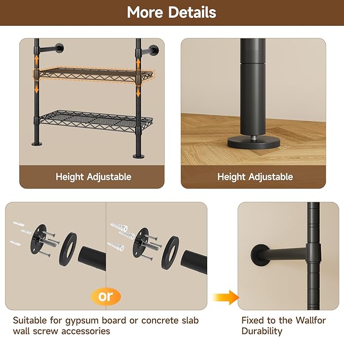 H4 Wall Mounted Closet System, Expandable Industrial Pipe Clothes Rack Clothing Rack for Hanging Clothes, Heavy Duty Closet Organizers and Storage in Wardrobe Closet