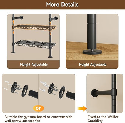 H4 Wall Mounted Closet System, Expandable Industrial Pipe Clothes Rack Clothing Rack for Hanging Clothes, Heavy Duty Closet Organizers and Storage in Wardrobe Closet