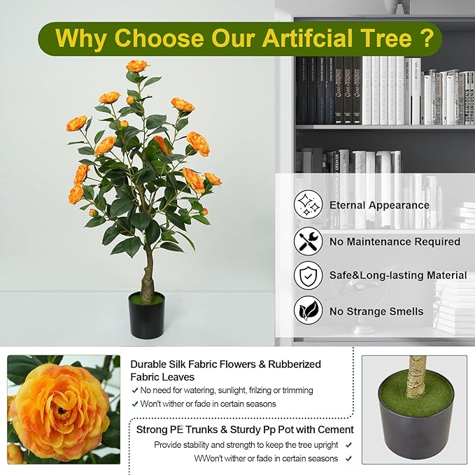 4Ft Artificial Camellia Tree 2pack, Orange Silk Flowers Faux Plant for Indoor Outdoor Home Decor, Realistic Potted Greenery for Office Porch Living Room