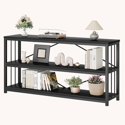 LVB Black Entryway Table, Modern Narrow Console for Hallway, Industrial Farmhouse Foyer Table with Storage Shelves, 63 Inch