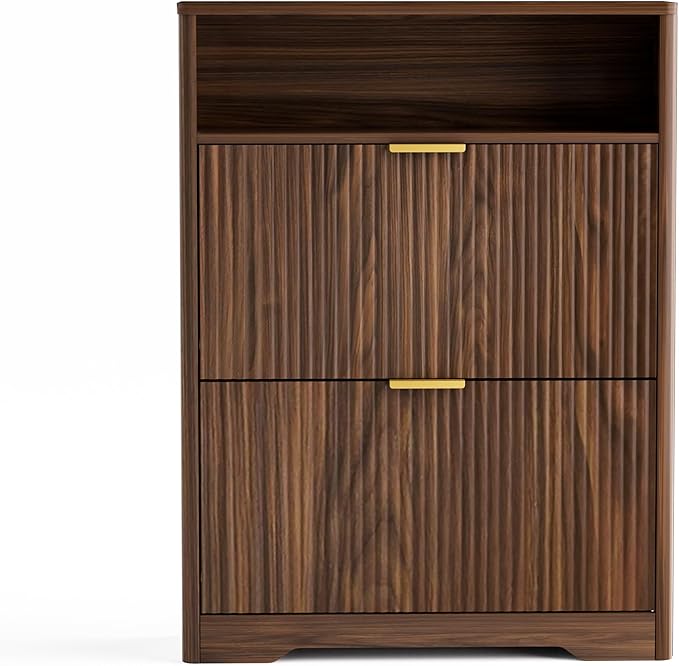 Rainbow Home Oregon Shoe Storage Cabinet, 31.6" W Narrow Fluted Design with 2 Flip Drawers, Walnut Freestanding Organizer for Entryway, Foyer, Hallway | Mid Century Modern (2 Flip Drawers)