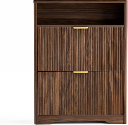 Rainbow Home Oregon Shoe Storage Cabinet, 31.6" W Narrow Fluted Design with 2 Flip Drawers, Walnut Freestanding Organizer for Entryway, Foyer, Hallway | Mid Century Modern (2 Flip Drawers)