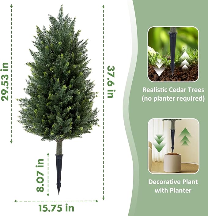 Set of 2 Artificial Cedar Topiary Christmas Trees, 3FT UV-Resistant Faux Cypress Shrubs with Ground Spikes — Tall Evergreen Decorative Plants for Outdoor and Indoor Porch, Patio, and Garden
