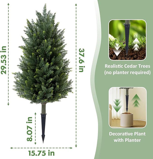 Set of 2 Artificial Cedar Topiary Christmas Trees, 3FT UV-Resistant Faux Cypress Shrubs with Ground Spikes — Tall Evergreen Decorative Plants for Outdoor and Indoor Porch, Patio, and Garden