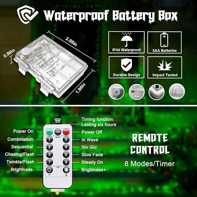 JMEXSUSS 2 Pack Green Fairy Lights Battery Operated, Total 200 LED 66ft Twinkle String Lights with Remote, 8 Modes Halloween Lights for Tree Wreath Fireplace Indoor Outdoor Xmas Halloween Decor