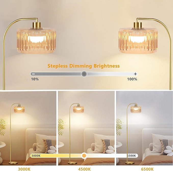 Gold Floor Lamp for Living Room,Bedroom,Mid Century Modern Standing Lamp with Remote,Dimmable Brass Tall Lamp Glass Lamp Vintage Retro Arc Floor Lamps Flower Floor Light Boho Bohemian