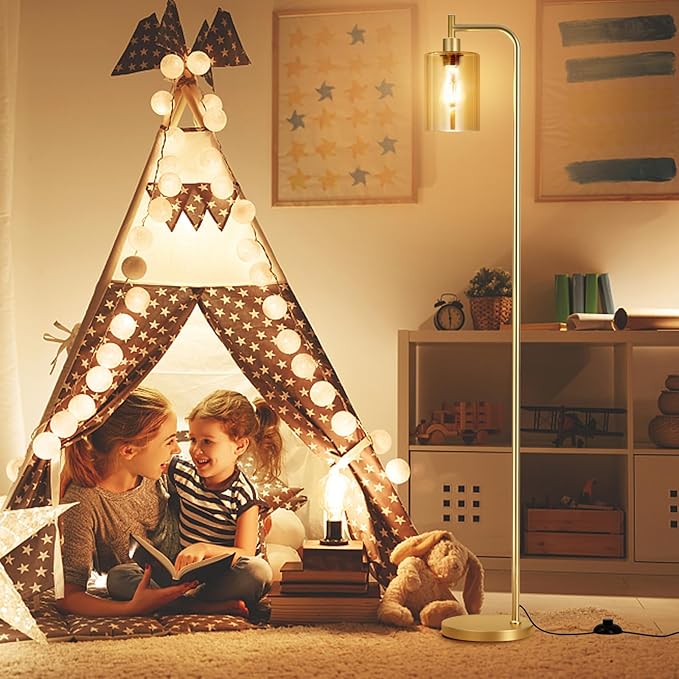 Floor Lamps for Living Room - Gold Standing Lamp with Amber Glass Shade, Modern Floor Lamp with LED Bulbs, Bright Industrial Floor Lamp for Bedroom, Farmhouse Tall Lamp for Office