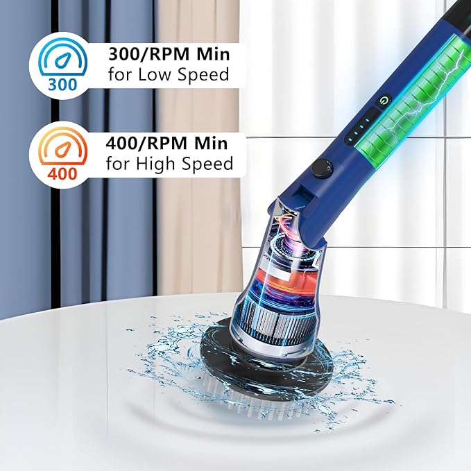 Electric Spin Scrubber, Hillyfe Bath Scrubber for Cleaning with 7 Replaceable Brush Heads, IPX7 Waterproof,300/400 RPM, 3 Adjustable Size,Cordless Shower Cleaner Brush for Bathroom Floor,Blue