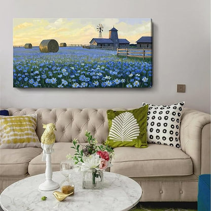 ARTZON Large Wall Art Farmhouse Sunset Flower Art work Rustic Farm Daisy Wildflower Barn Canvas Print Landscape Blue Yellow Picture Nature Floral Artwork for Living Room Bedroom Office Decor 48"x24"