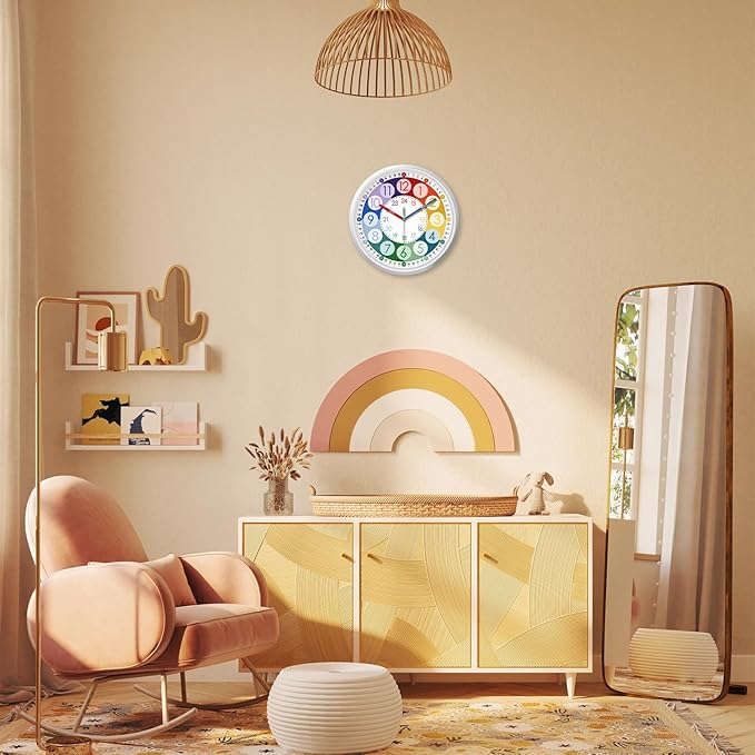XFM Colorful Kid Wall Clock 16 Inch Silent Non Ticking Quartz Battery Operated Decorative Time Teaching Clock for Living Room Bedroom Classroom