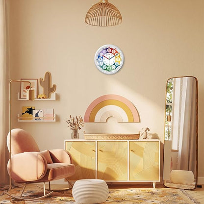 XFM Colorful Kid Wall Clock 16 Inch Silent Non Ticking Quartz Battery Operated Decorative Time Teaching Clock for Living Room Bedroom Classroom