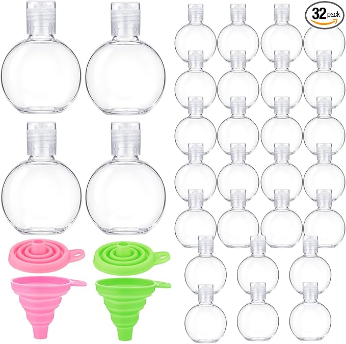 30 Pcs 1 oz Round Sanitizer Bottle Circle Plastic Mini Clear Empty Hand Sanitizer Bottles with Foldable Funnels Portable Reusable Containers for Business Trip Outdoor Camping Shampoo Liquid