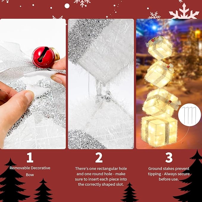 Christmas Lighted Gift Boxes Decorations Set of 4, 3.6Ft Stackable Christmas Nesting Boxes Battery Operated for Home and Party Decoration (10"-8"-6"-5", Silver Bow)