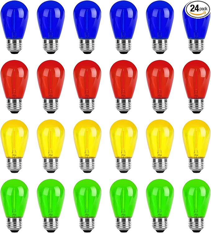 24-Pack S14 Colored LED String Light Bulbs Replacement, E26 Base 1W Plastic Shatterproof Waterproof, Christmas Light Bulb Red, Green, Yellow, Blue