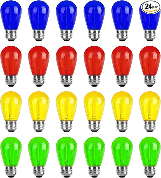 24-Pack S14 Colored LED String Light Bulbs Replacement, E26 Base 1W Plastic Shatterproof Waterproof, Christmas Light Bulb Red, Green, Yellow, Blue