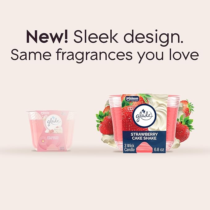 Glade 3-Wick Scented Candle Jar, Strawberry Cake Shake, Air Freshener Infused with Essential Oils, 6.8 Oz, 3 Count